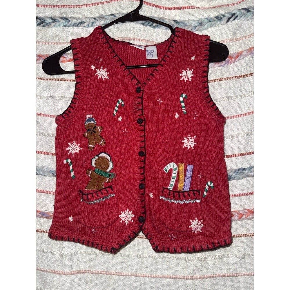 Jenny Vintage Red Ice Gingerbread Man Christmas Sweater Vest Women's M